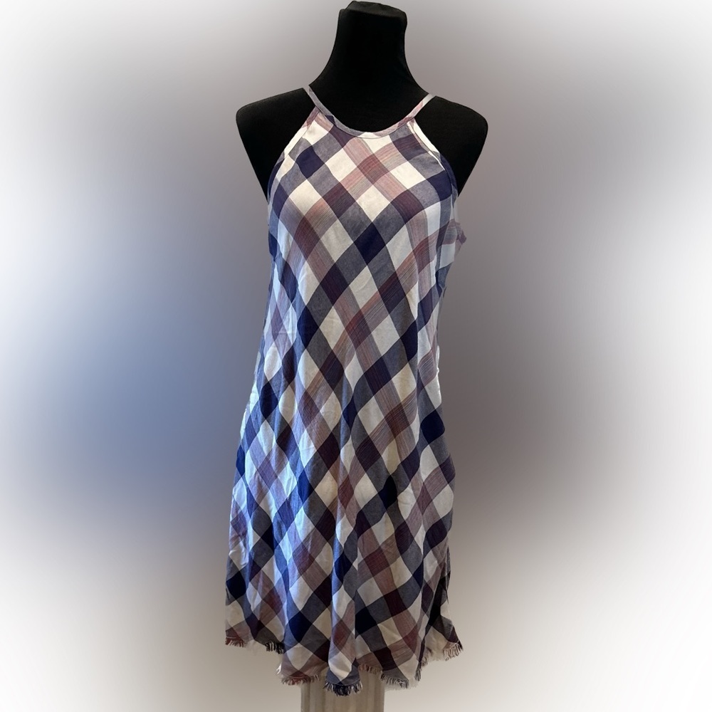 $19 clearance sale NWT violet color block Pattern Dress beige buffalo fringe hem